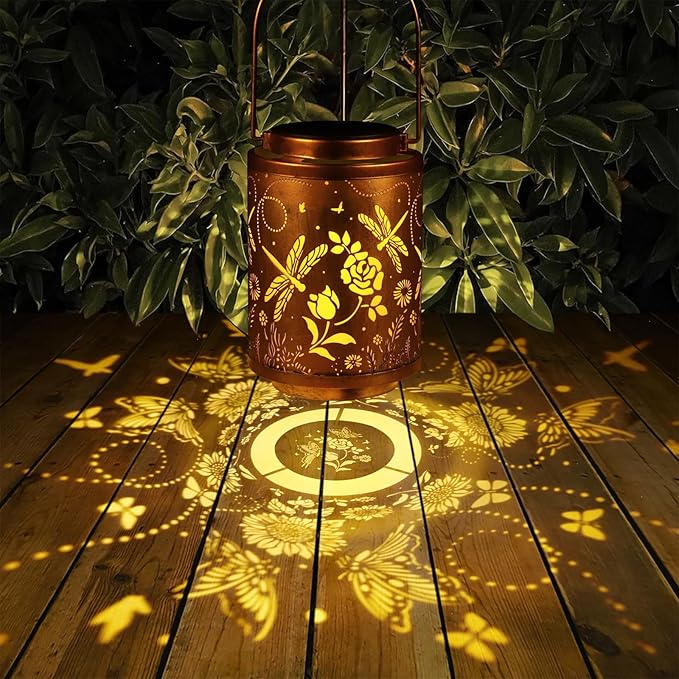 2 Pack Solar Lanterns Garden Decor Birthday Gifts for Women Mon Grandma Metal Hanging Solar Lights Waterproof Outdoor Decoration for Outside LED Lanterns for Yard Patio Lawn(Dragonfly)