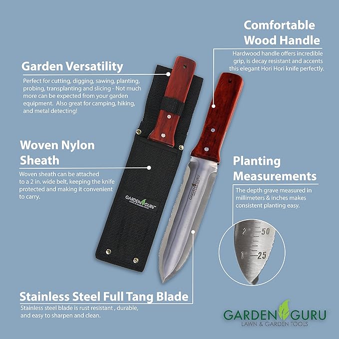 Garden Guru Hori Hori Gardening Knife for Weeding, Digging, Pruning, and Cultivating - Stainless Steel Full Tang Blade | Marks for Measuring Planting Depth (4 Pack)