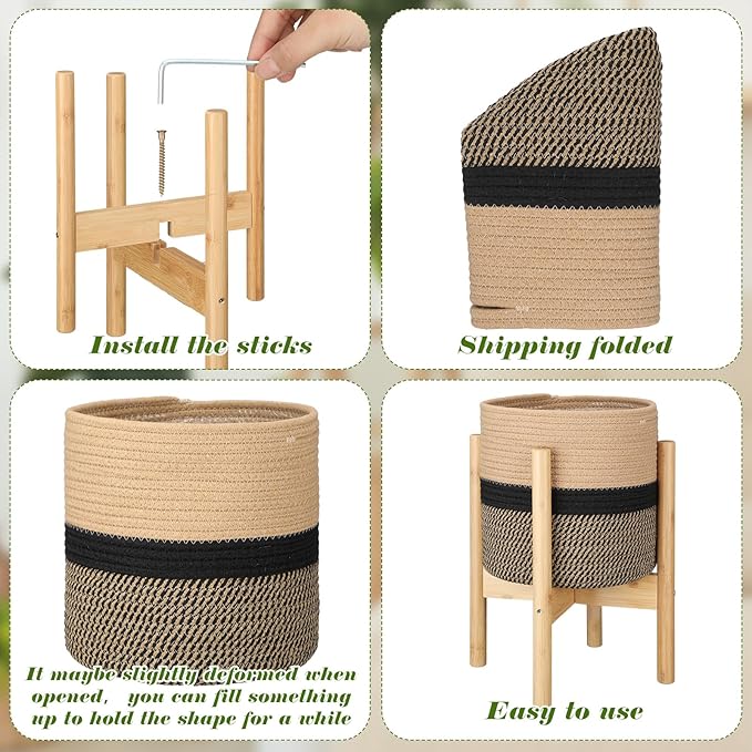 Plant Basket with Stand Indoor Planter Pot Holder Sturdy Jute Rope Modern Woven Basket, Cotton Rope Woven Pot with Bamboo Stand(10 Inch,Black and Beige Stripes)