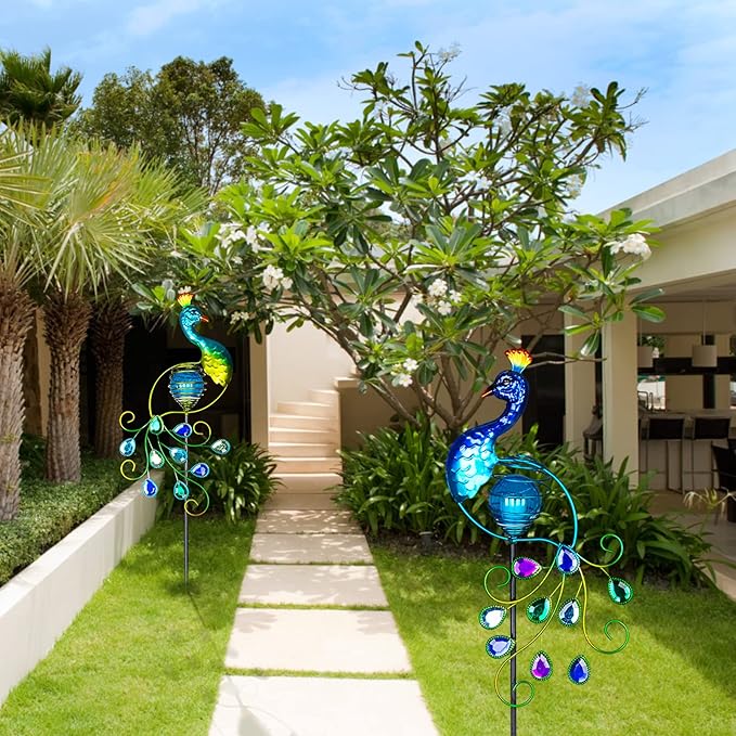 Viveta Garden Solar Lights Decorative, 2 Pack Metal Peacock Solar Lights Stake for Outdoor Garden Patio Yard Lawn Decorations