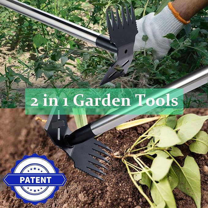 Weed Puller Tool with Long Handle - 60" Manual Weeder Remover Tool, 2 in 1 Hand Weed Rake and Garden Hoe for Gardening, Heavy Duty Uprooting Weeding Pull for Yard, Lawn, Patio and Garden