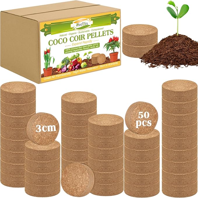 ZeeDix 50pcs(30mm) Compressed Coco Coir Fiber Potting Soil- Coir Medium, Coconut Soil for Indoors or Outdoors, Bonsai, Herbs, Plants, Flowers and Vegetables