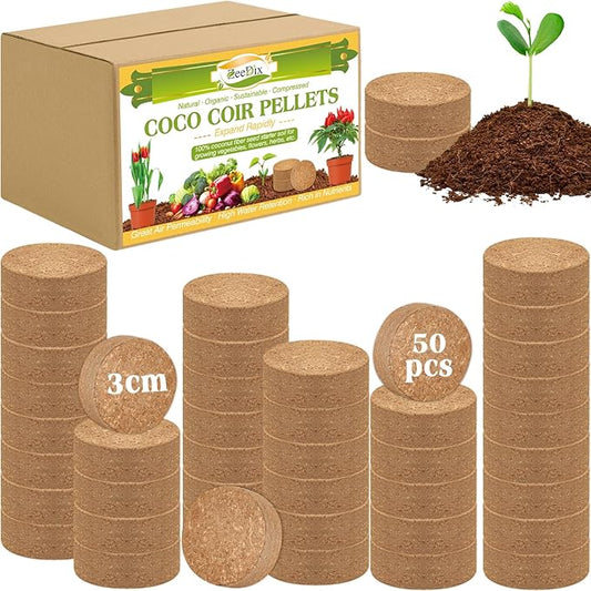 ZeeDix 50pcs(30mm) Compressed Coco Coir Fiber Potting Soil- Coir Medium, Coconut Soil for Indoors or Outdoors, Bonsai, Herbs, Plants, Flowers and Vegetables