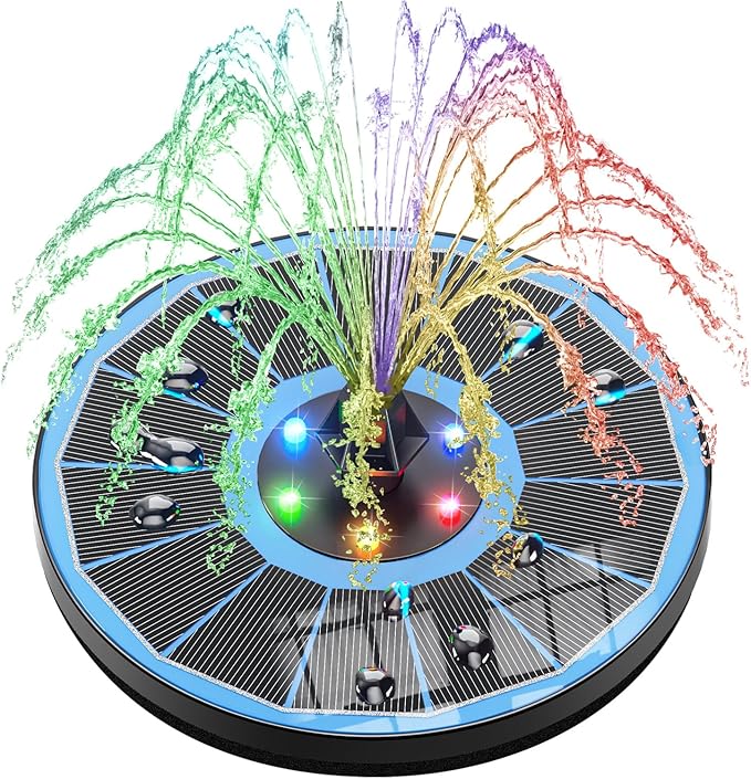 SZMP Solar Fountain Pump Upgraded 100% Glass Panel, 3.5W Solar Powered Fountain Built-in 2000 Battery with 7 Nozzle & 4 Fixer, Solar Fountain for Bird Bath, Pond, Fish Tank, Outdoor (Colorful)
