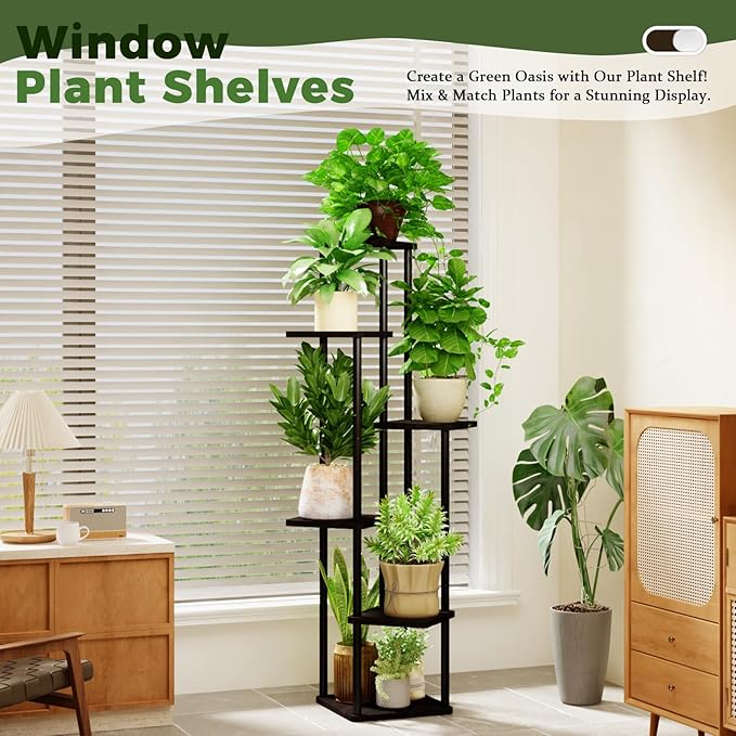 6 Tiered Plant Stand Indoor Corner Plant Shelf for Multiple Plants for Patio Garden Balcony Living Room Bedroom, Tall Metal Flower Pots Stand Relaxing for Women Gift Black Oak
