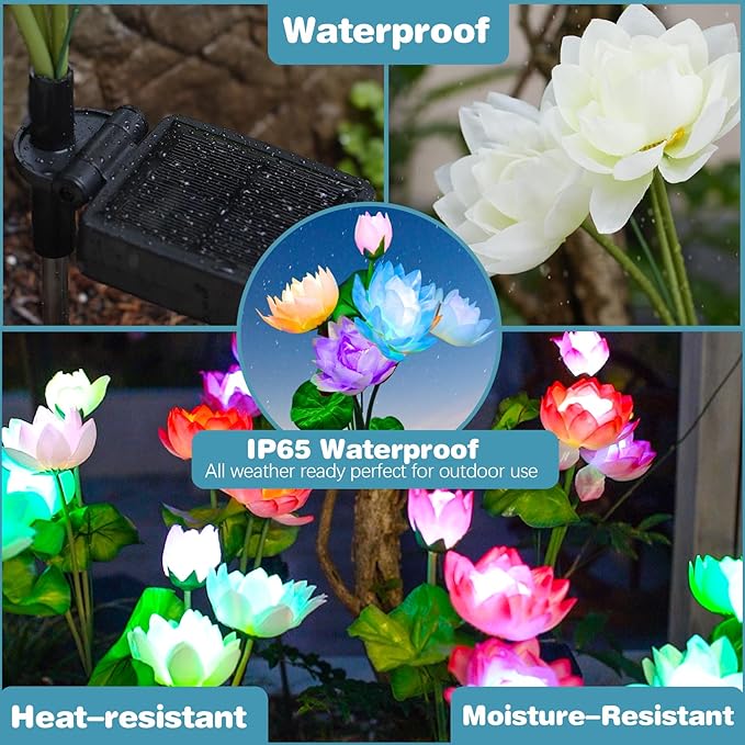 Solar Garden Lights - Solar Flower Lights, 7-Color Changing Lotus Lights for Yard, Garden Decoration, Bigger Solar Panel & Realistic Lotus Flowers (4 Pack)