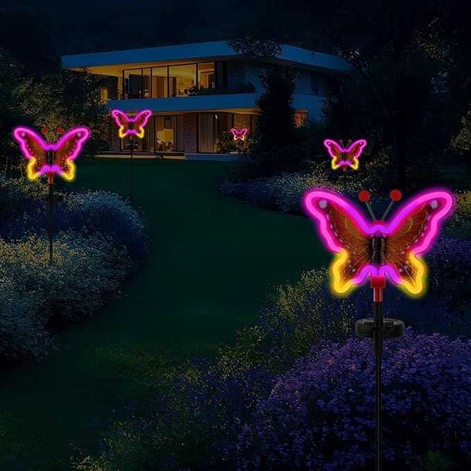 Solar Garden Butterfly Lights, Garden Outdoor Lights Decor, Butterfly Solar neon Light,led Butterfly Lights,Yard Patio Pathway Decoration(Red, 2pack)