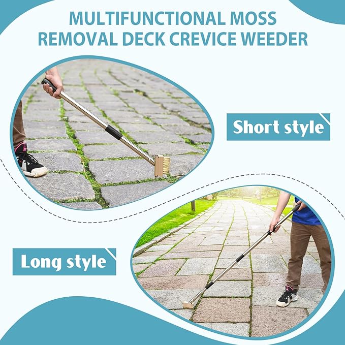 GADFlSH Manual Crevice Weeding Tool, Crack Weeder with 2 Weed Brush Heads, Crevice Weeding Hook with Adjustable Steel Handle for Patios, Decks & Garden Paths