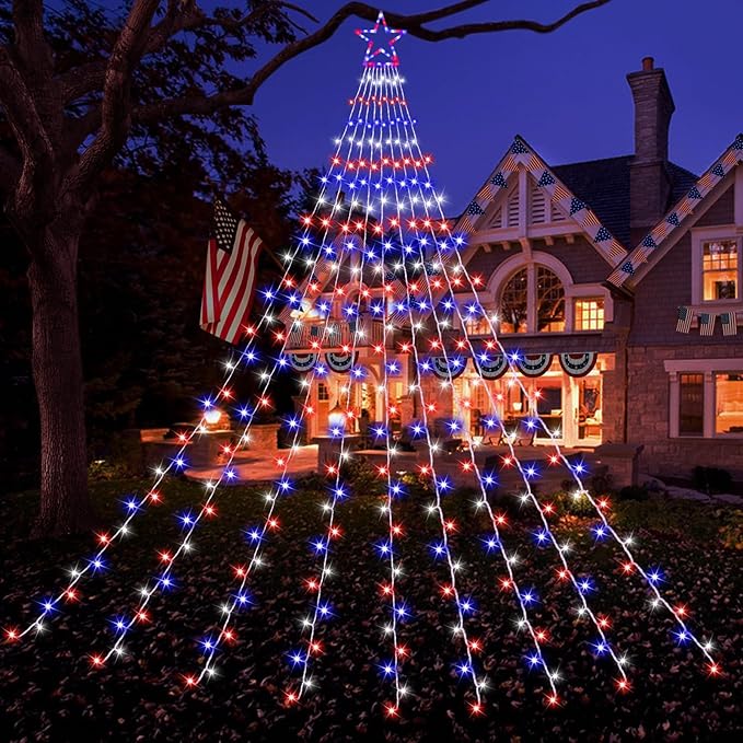 4th of July Decorations Lights, Red White Blue String Lights 320 LED 11.5 Ft Flag Stars Patriotic Light with Big Star Topper Waterproof 8 Light Modes for Indoor Outdoor Memorial Day Independence Day