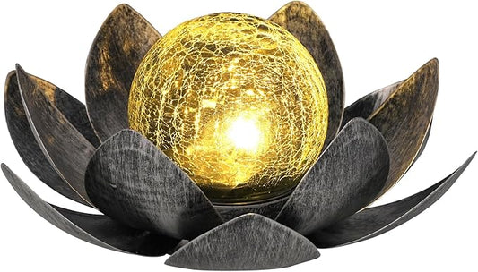 GIGALUMI Solar Light Outdoor Garden Decor, Lotus Flower Light Crackle Globe Glass Lantern Outdoor Table Decor Waterproof for Patio, Lawn, Pathway, Pool, Pond (Grey Petal)