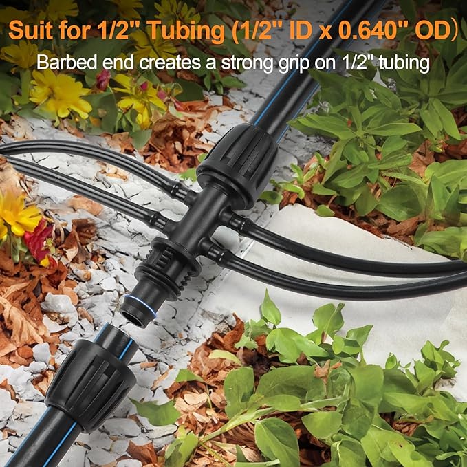 12 Pcs 1/2 inch to 1/4 inch Drip Irrigation Tubing Fittings, 1/2" Drip Tubing (1/2" ID x 0.65" OD) to 4 Way 1/4" Irrigation Tubing Locked Barbed Reducing Tee Connectors for Garden Systems