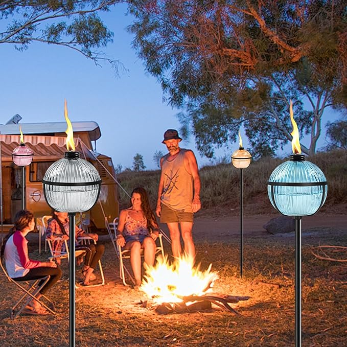 Citronella Torches Set of 4, 16 oz Glass Garden Torches for Outside, 3-Prong Grounded Stake Outdoor Torches, 58.6 inch Outdoor Torch for Yard, Patio, Deck, Party