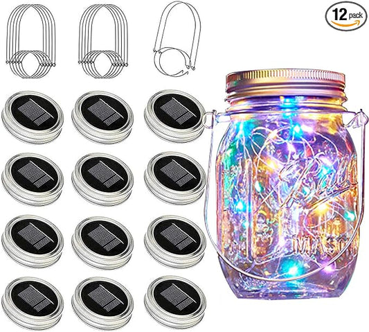 Solar Mason Jar Lights, 12 Pack 30 LED Waterproof Lid Light with Hangers (No Jar), Fairy Firefly Outdoor String Lights for Regular Mason Jar, Patio, Yard, Garden, Wedding Decoration (4 Colors)