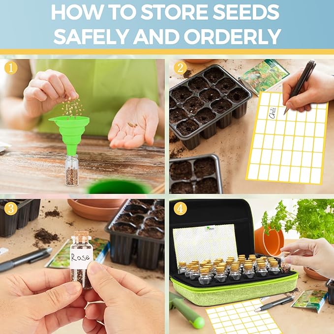 【40 Slots】 Seed Storage Organizer, Sturdy Seed Organizer Storage Box with Dual Zipper Bag and 42Pcs Label Stickers, Glass Seed Storage Container for Flower Vegetable Plants Garden Seeds Saving, Green