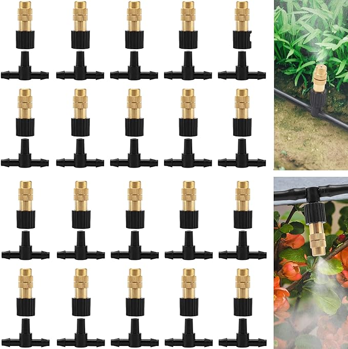 Mornajina 20Pcs Three-Way Atomizing Nozzle with Drip Irrigation Connector for 1/4 inch Drip Irrigation Tubing, Micro Spray Drip Irrigation Emitters, Adjustable Sprinkler Drip Irrigation Mister Kit