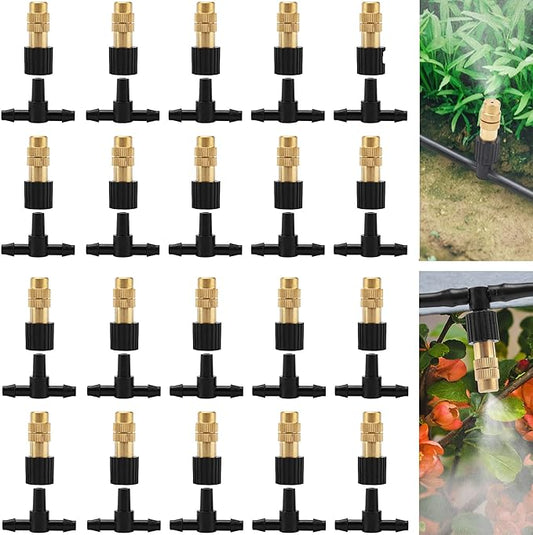 Mornajina 20Pcs Three-Way Atomizing Nozzle with Drip Irrigation Connector for 1/4 inch Drip Irrigation Tubing, Micro Spray Drip Irrigation Emitters, Adjustable Sprinkler Drip Irrigation Mister Kit