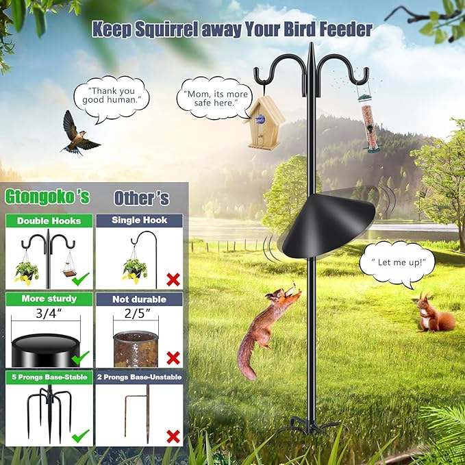 Gtongoko Bird Feeder Pole Squirrel Proof, 92 Inch Double Shepherds Hook for Outdoor with Squirrel Baffles Adjustable Heavy Duty with 5 Prongs Base for Hanging Plants, Bird Feeders, Black