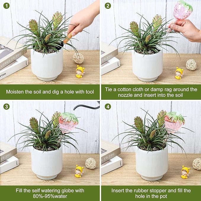 3 Packs Strawberry Plant Watering Globes, Large Water Globes for Indoor Plants, Glass Self Watering Planter Insert, Top-Fill Watering Bulbs for Indoor Outdoor Plants
