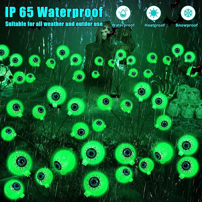 Solar Halloween Decorations, 4 Pack 24 LED Spooky Eyeball Lights, Green Eyeball Swaying Firefly Lights,Waterproof Solar Halloween Path Lights for Yard Garden Lawn Party Decor