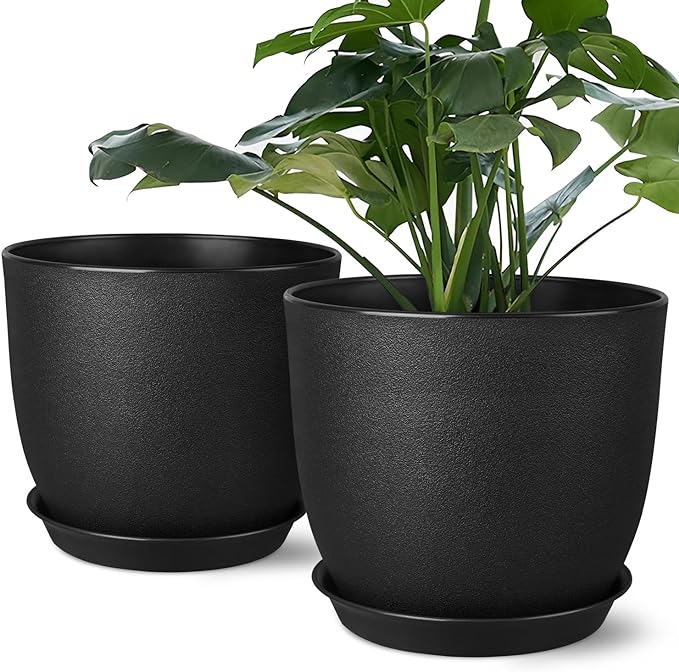 Plant Pots 8 Inch Set of 2, Flower Pots with Multi Mesh Drainage Holes, Planters for Indoor Outdoor Garden Plants and Flowers (Black)