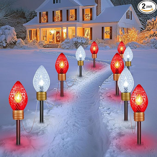 Moonflor Strawberry Jumbo C9 Christmas Lights Outdoor - 2 Pack Total 17FT 10 LED Jumbo C9 Christmas Pathway Lights Outdoor, C9 Walkway Lights, Christmas Decoration for Outside Lawn, Red & Pure White