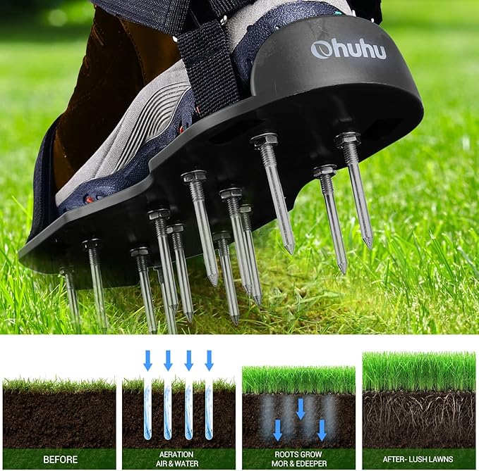 Ohuhu Lawn Aerator Shoes with Stainless Steel Shovel, Free-Installation Aerating Shoe with Hook&Loop Straps, Heavy Duty One-Size-Fits-All Spiked Aerating Sandals for Garden Grass Lawn