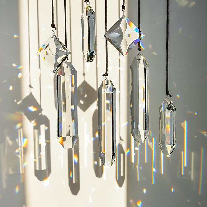 HDCRYSTALGIFTS Modern Grief Gift,Set 7 Clear Crystal Prisms Suncatchers Hanging Ornament,Rainbow Maker Sun Catchers for Windows, Balcony, Kitchen, Garden Decoration