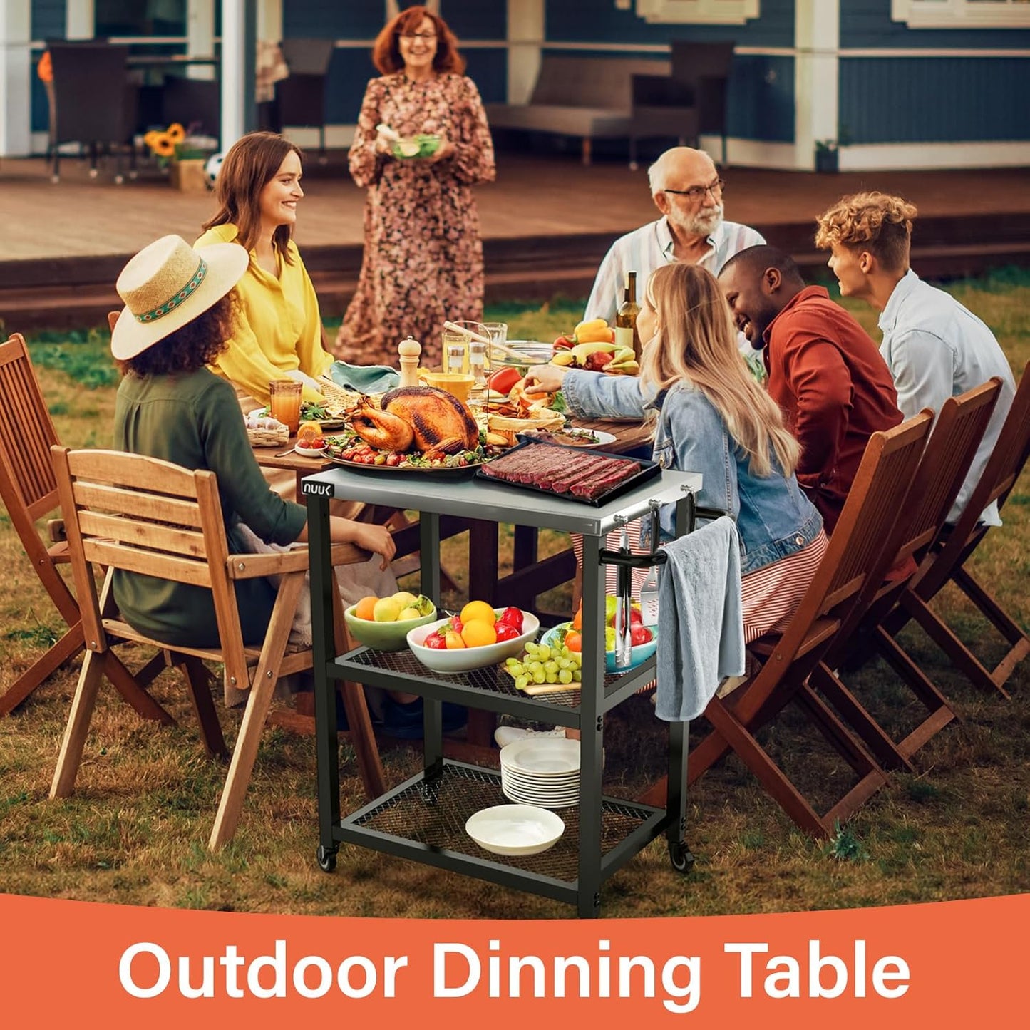 NUUK 3-Shelf Grill Cart 16" x 24" Outdoor BBQ Table with Stainless Steel Top Rolling Pizza Oven Carts for Outside Dining Tables