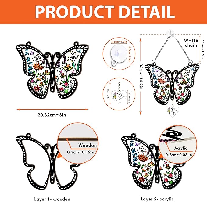 Acrylic Suncatcher Gift for Mom Window Hanging Butterfly Home Decoration 8x8inch, for Mom, for Mom from Daughter Son, Sentimental Best Mom Birthday Gift Ideas