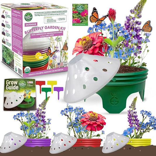 Butterfly Garden Kit with Grow Rings, Greenhouse Germination Domes, Seeds, Markers, Instructions – Gardening Gift for Mom, Teachers, Women, and Men – Made in USA