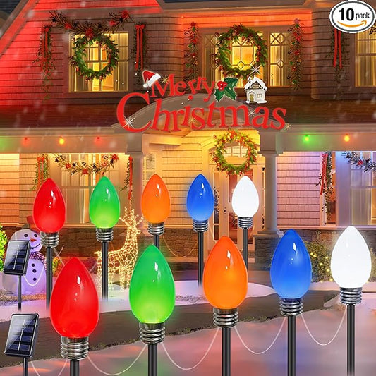 10-Pack Jumbo C9 Solar Christmas Lights, Upgraded LED Outdoor Christmas Decoration, Larger Muticolor Bulbs Solar Lights Outdoor Waterproof for Outside Path Garden Holiday Yard Patio Decor (Multicolor)