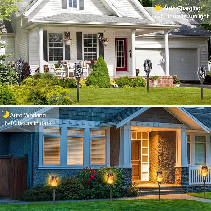 EOYIZW 8 Pack Solar Torch Light with Flickering Flame, 12 LEDs Solar Lights Outdoor, IP65 Waterproof Solar Tiki Torches for Outside Landscape Decoration Outdoor Lights for Garden Yard Patio