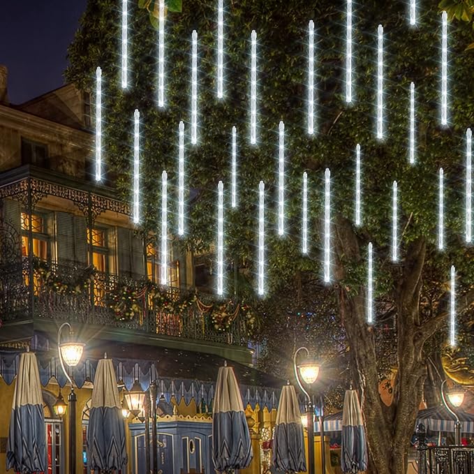 Dazzle Bright 864 LED Christmas Light, Meteor Shower Rain Lights 11.8 Inch 24 Tubes, Waterproof Plug in Falling Rain Lights Christmas Decorations for Xmas Bushes Tree Yard Party (White)