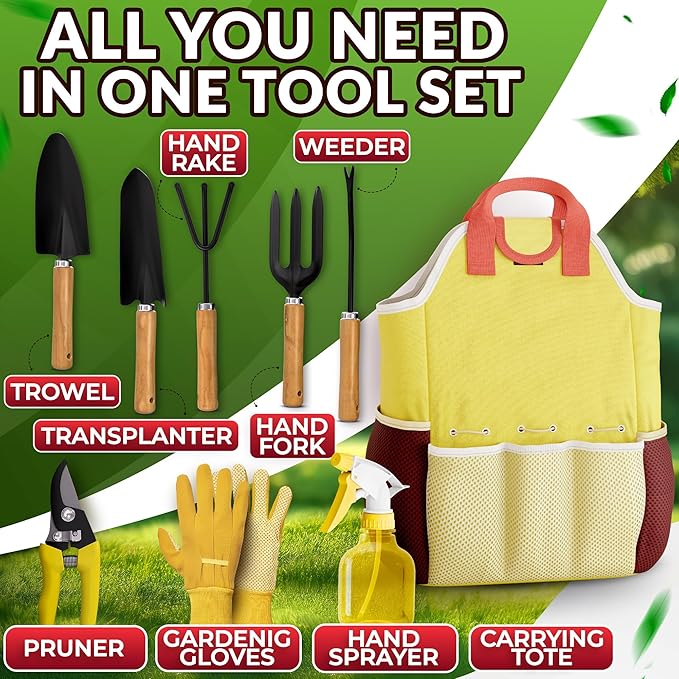 Gardening Tool Set - 9 Pcs Gardening Tools for Women Gardening Hand Tools Gardening Kit Garden Tools for Women Garden Tool Set Gifts for Gardeners - Gardening Set Cool Stuff for Gardening Gifts