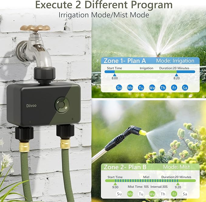 WiFi Sprinkler Timer 2 Zone, Diivoo Programmable Water Hose Timer 2 Outlet for Garden, Automatic Irrigation Timer IP54 with Rain Delay/Manual/Auto Mode, Outdoor Hose Timer Controller for Lawn, Yard