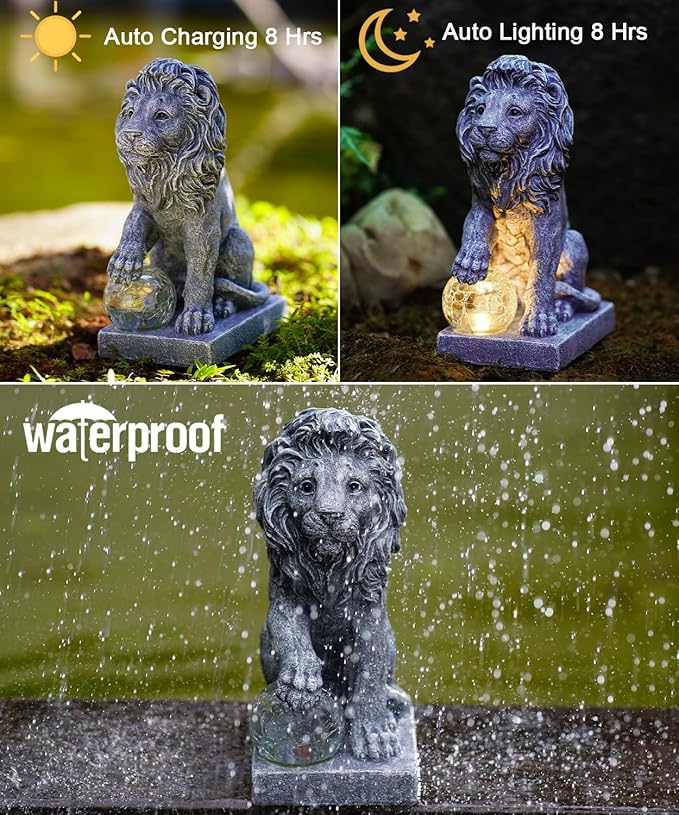 Nacome Solar Guardian Lion Garden Statue: Outdoor Decor Sculpture with Ball Lights for Yard Art Porch Patio - Unique Birthday Gifts for Women Mom