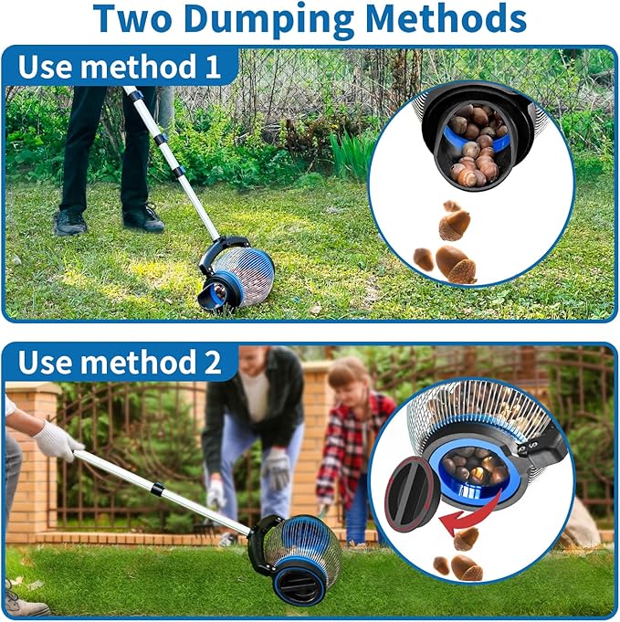 Zozen Acorn Picker Upper Roller, 2 Dumping Method | Acorn Dedicated Version - High Density Steelwire Gap | Also Apply to Nerf Balls, Pick Up Size 3/8'' to 1'' Small Diameter Objects, Capacity 1 Gallon
