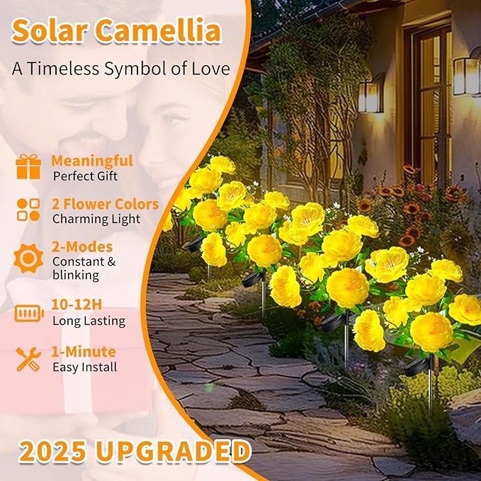 Neporal Solar Flowers Outdoor Waterproof, 4PK 7-Stem Yellow Camellia with 2 Lighting Modes & Romantic Warm Light, Solar Lights Outdoor Decorative for Garden, Yard, Pathway, Gardening Gifts for Women