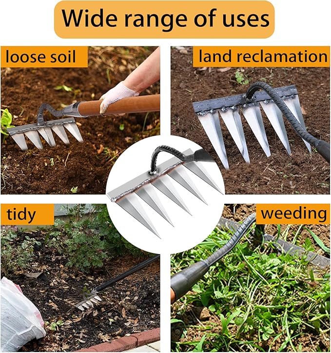 Iron Rake for Gardening and Weeding - Heavy Duty Garden Tool, Carbon Steel Hand Rake for Sturdy Dethatching, Heavy Duty Rake 5 Toothed Steel (Without Stick)