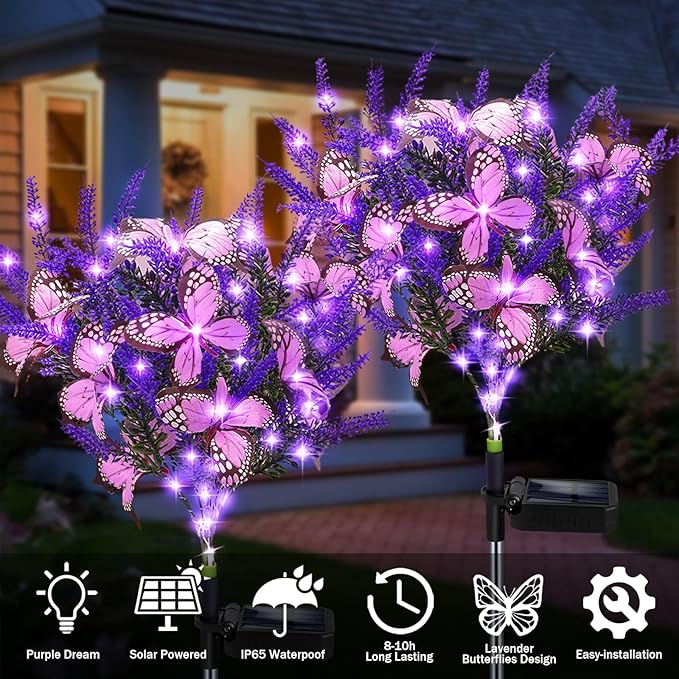 Kohlrabi Solar Garden Lights Outdoor, 6 Pack Solar Butterfly Lights Purple Lavender Gardening Gifts for Women, Purple Artificial Flower with Butterfly Garden Decor for Lawn Patio