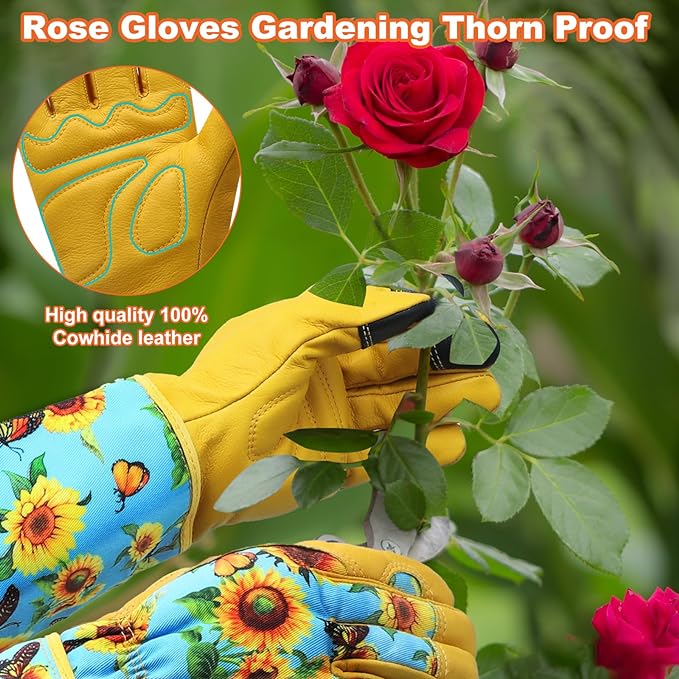 DLY Gardening Gloves for Women, Rose Gloves Gardening Thorn Proof, Long Garden Gloves for Women, Breathable Cowhide Leather Gauntlet (X-Large, Blue)