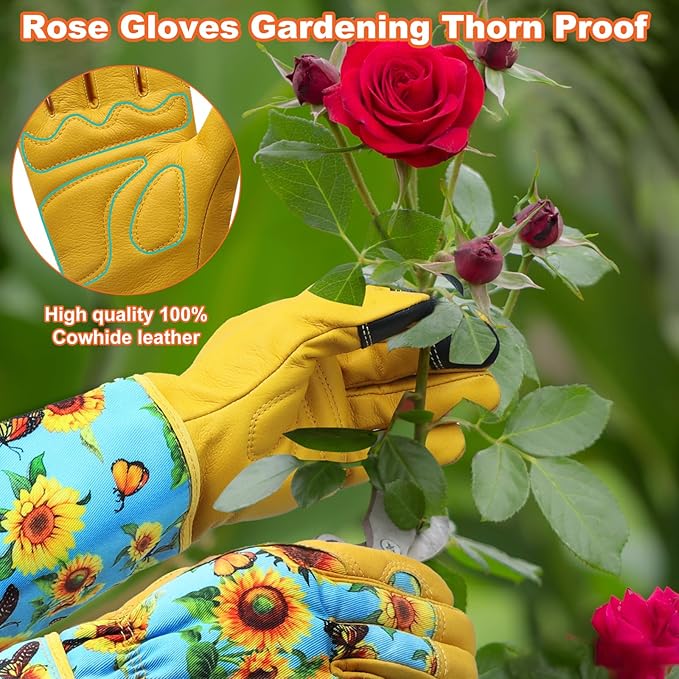 DLY Gardening Gloves for Women, Rose Gloves Gardening Thorn Proof, Long Garden Gloves for Women, Breathable Cowhide Leather Gauntlet (X-Large, Blue)