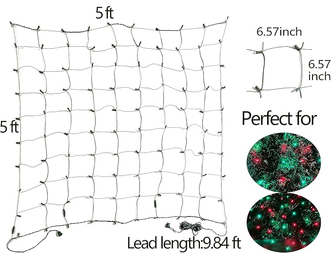 HISHINY LED Christmas Net Lights Outdoor, 5ftx5ft 100LED Green Wire, Connectable Bush Mesh Net Lights String for Halloween Christmas Party,Shrub,Yard,Tree（Red&Green）