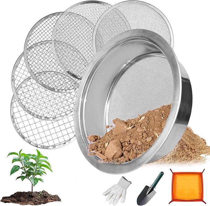Soil Sifter for Rocks Stainless Steel Compost Sifter with 5 Replaceable Mesh, Dirt Sifter for Gardening Soil Weed Sand Cat Litter Bonsai with Planting Mat,Shovel,Gloves
