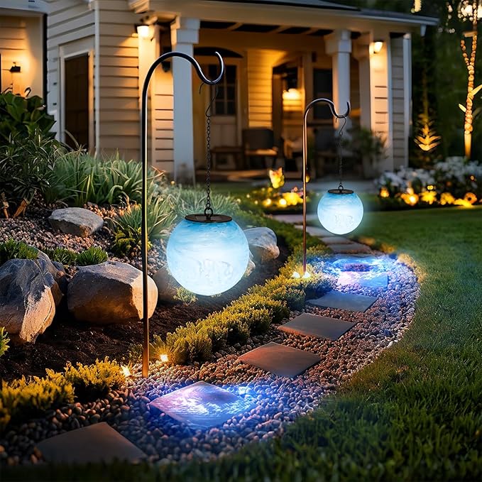 VCUTEKA Solar Chandelier Outdoor, Hanging Glass Solar Light with Hook Up, Garden Lanterns Decor for Yard, Tree and Patio, Blue