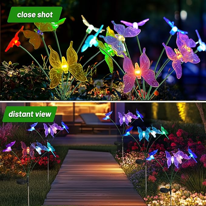 Solar Garden Lights, 2 Pack with 8 Butterfly Swaying Solar Lights Outdoor Decorations, Multi-Color Changing LED Solar Light Stakes, Solar Yard Lights for Garden Patio Lawn Yard Pathway Decor