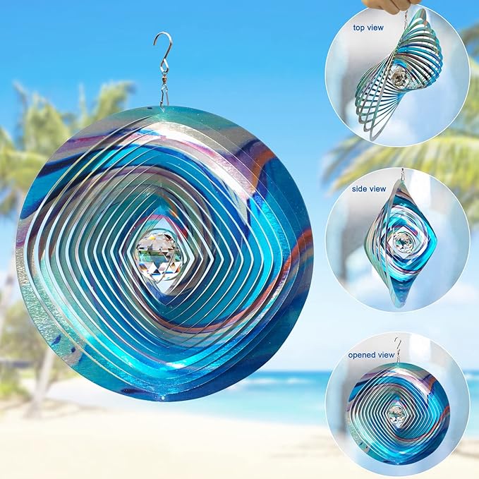 FONMY Mandala Wind Spinner w/Crystal Ball 3D Stainless Steel Hanging Wind Spinner Worth Gift Christmas Decoration Indoor/Outdoor Garden Décor Kinetic Yard Art 12 Inches Multi Blue Wind Sculpture