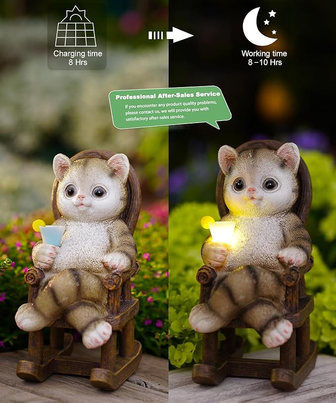 Solar Cat Statue Garden Decor: Outdoor Indoor Figurine for Clearance Outside Lawn Porch Desktop Accessories - Gifts for Mom Women