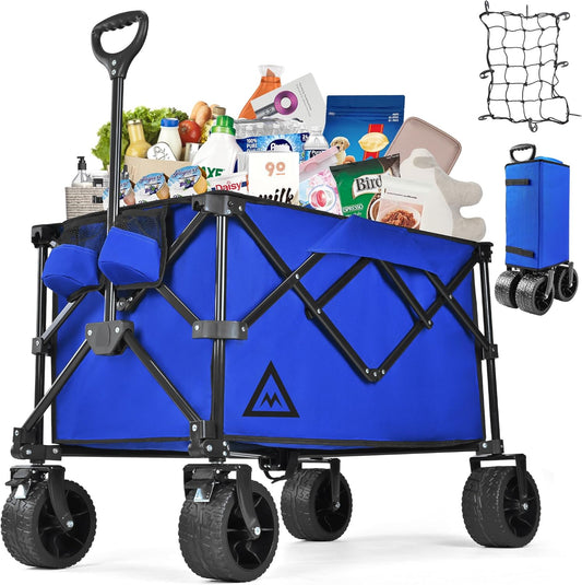 Wagon Cart Shopping Foldable Folding Collapsible with Wheels Big On Beach Garden Outdoor Grocery Heavy Duty Utility All Terrain Portable Wagons Carts for Groceries Sand Camping Sports Blue