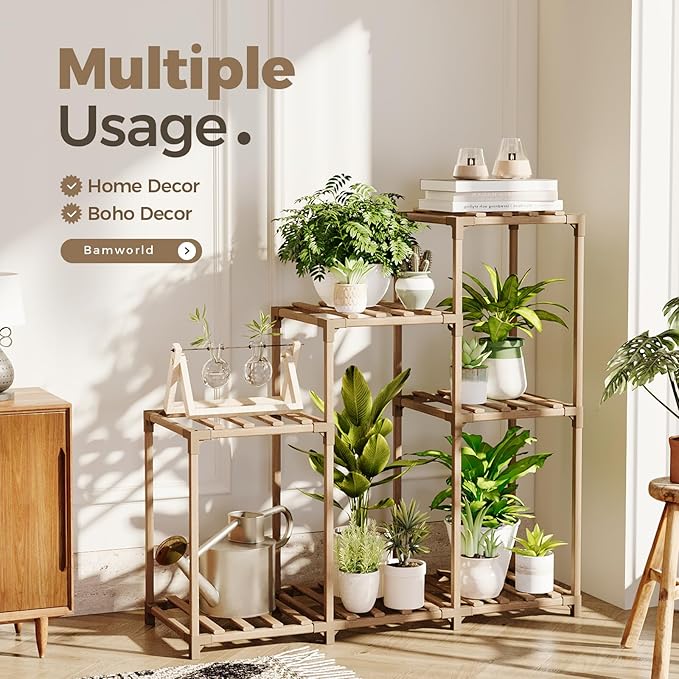 Bamworld Plant Stand Indoor Wood Plant Shelf Tiered Plant Rack for Multiple Plants Upgrade 7 Pots Ladder Plant Holder Plant Table for Mulitiple Pots Boho Decor Home Decor